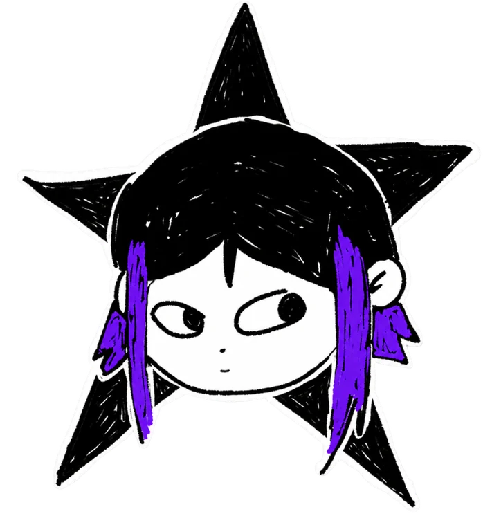 Ilustração da Iara Maia: personagem de cabelo preto com mechas roxas sobre uma estrela preta de contorno branco
